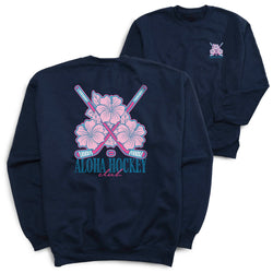 Navy blue sweatshirt with pink floral and hockey stick design on a white background