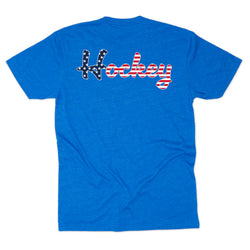 Blue t-shirt with 'Hockey' text on the back against a white background
