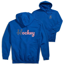 Blue hoodie with 'Hockey' text on the back, displayed from front and back views.