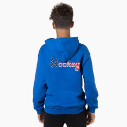 Person wearing a blue hoodie with 'Hockey' printed on the back against a white background
