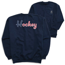 Navy sweatshirt with patriotic hockey script design on the back