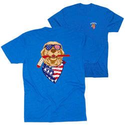 Blue t-shirt with a dog wearing sunglasses and an American flag bandana on a white background