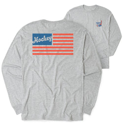 Gray long-sleeve shirt with a red, white, and blue flag design on a white background