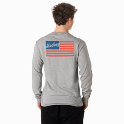 Person wearing a gray long-sleeve shirt with a usa flag design on the back, on a white background