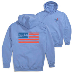 Light blue hoodie with 'Hockey' text and American flag design on a white background