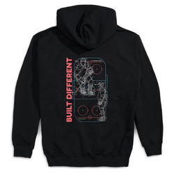 Black hoodie with a hockey design on the back featuring 'Built Different' text and graphics.