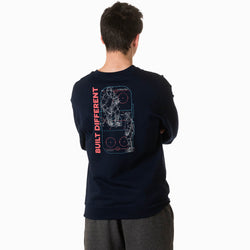 Person wearing a black sweatshirt with a hockey design and t'Built Different' text on the back, on a white background