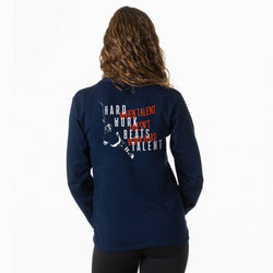Navy blue sweatshirt with motivational quote on the back, worn by a person.