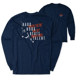 Navy blue long-sleeve shirt with motivational quote and hockey graphic design on a white background