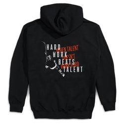 Black hoodie with motivational quote and hockey graphic on the back, on a white background