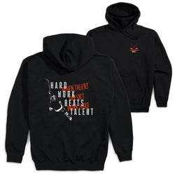Black hoodie with motivational hockey quote on the back, displayed from front and back views.