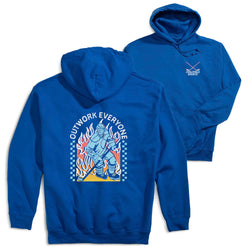 Blue hoodie with front and back hockey designs on a white background