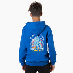 Person wearing a blue hoodie with a hockey graphic design on the back against a white background