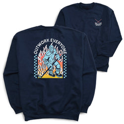 Navy blue sweatshirt with a hockey graphic design on the front and back, featuring a warrior-like figure and text.
