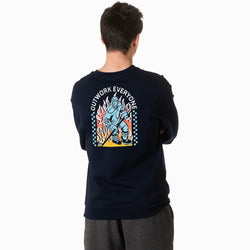 Person wearing a black sweatshirt with a colorful hockey graphic on the back, standing against a white background