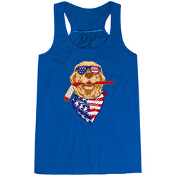 Blue tank top with a graphic of a hockey dog wearing patriotic sunglasses and a bandana on a white background