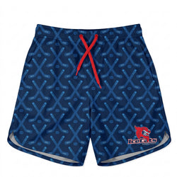 Blue and navy hockey themed athletic shorts with a repeating crossed hockey sticks pattern, a red drawstring, and a red IceRats Connecticut logo on the lower left leg.