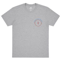 A heather gray short-sleeve crewneck t-shirt with a small red and blue chest graphic on the left side. The graphic features a red target symbol with a crosshair in the center and the words 'CHALKTALK SPORTS' in blue arched above it.