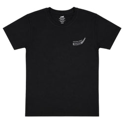 A black short-sleeve crewneck t-shirt with a small white and gray graphic on the left chest, displayed flat against a solid white background.