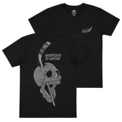 Black short-sleeve t-shirt shown from both front and back. The front features a small white graphic on the left chest, and the back features a large gray graphic of a skull with a hockey stick passing through it and the text 'AGGRESSIVE BY NATURE'.