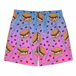 A pair of men's shorts featuring a colorful gradient pattern that transitions from light blue at the top to bright pink at the bottom, decorated with an all-over print of s'mores, hockey pucks, and blue hockey sticks.