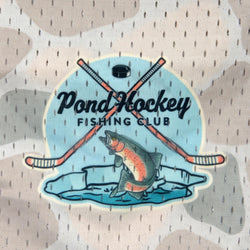 A close-up of a mesh fabric featuring a circular graphic that reads 'Pond Hockey Fishing Club' with crossed hockey sticks, a hockey puck, and a jumping fish over blue water.