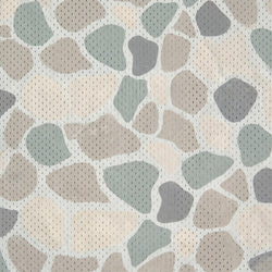 A close-up of a textured fabric featuring a stone pattern with irregular shapes in sage green, gray, and beige on a white mesh background.
