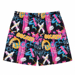 A pair of black athletic shorts featuring a vibrant, colorful hockey-themed graffiti print with pink, blue, yellow, and white paint strokes, hockey pucks, sticks, and the word 'HOCKEY' in yellow.