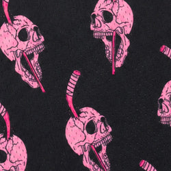 Black fabric with a repeating pattern of pink skulls and pink hockey sticks.