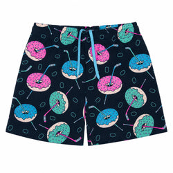 A pair of shorts featuring a playful pattern of donuts with hockey sticks, in pink, teal, and blue, with a light blue drawstring.
