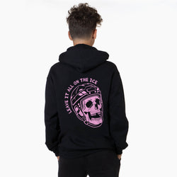 A person shown from the back wearing a black hoodie with a large pink graphic on the back featuring a skull in a hockey helmet and the text 'LEAVE IT ALL ON THE ICE'.