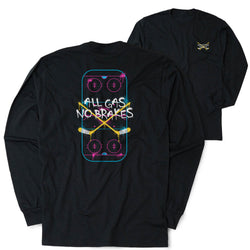 Black long-sleeve shirt with a graphic of a neon graffiti style hockey rink and the text 'ALL GAS NO BRAKES' on a white background.