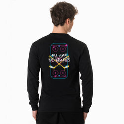 A man viewed from the back wearing a black long-sleeve shirt with a colorful graphic on the back. The graphic features a neon-style hockey rink illustration with the text 'ALL GAS NO BRAKES' in white.