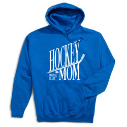 A royal blue pullover hoodie with a white graphic print on the front that reads 'HOCKEY MOM SOCIAL CLUB' with a hockey stick illustration, shown on a plain white background.