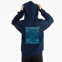 Navy blue hoodie with 'No Days Off' text and graphic on the back, worn by a person.