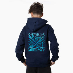 A child viewed from behind wearing a navy blue hoodie with a large turquoise graphic print on the back. The graphic features the text 'NO DAYS OFF' repeated in a layered, geometric pattern.