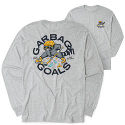 A heather gray long-sleeve t-shirt shown from both the back and front. The back features a large graphic of a raccoon hockey player with the text 'GARBAGE GOALS' in dark gray, with small text reading 'ALL GRIT' and 'NO GLORY'.