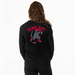 A girl viewed from behind wearing a black sweatshirt with a large graphic on the back. The graphic features the words 'RINK RAT' in red above a cartoon gray rat wearing red hockey gear and holding a stick.