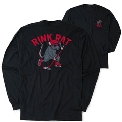 Black long-sleeve t-shirt shown from the back and front. The back features a large graphic of a gray rat wearing red hockey gear and holding a stick under the red text 'RINK RAT'.
