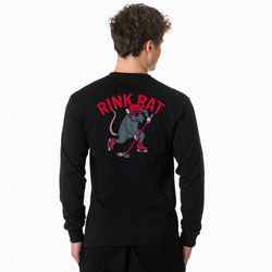 A boy viewed from the back wearing a black long-sleeve shirt with a large graphic on the back. The graphic features the words 'RINK RAT' in red above a gray rat wearing red hockey gear and holding a hockey stick.