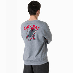 A boy viewed from behind wearing a heather gray sweatshirt with a red and gray 'RINK RAT' graphic on the back, paired with dark gray sweatpants, against a plain white background.