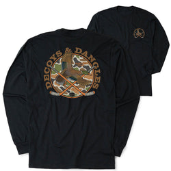 A black long-sleeve t-shirt shown from both the back and front. The back features a large circular graphic with the text 'DECOYS & DANGLES' in an arch over a detailed illustration of a duck and crossed hockey sticks