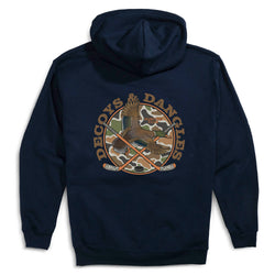 A navy hoodie with a large graphic on the back. The graphic features the words 'DECOYS & DANGLES' in a tan font surrounding a camouflage-patterned circle with a duck and crossed hockey sticks