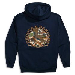 A navy hoodie with a large graphic on the back. The graphic features the words 'DECOYS & DANGLES' in a tan font surrounding a camouflage-patterned circle with a duck and crossed hockey sticks