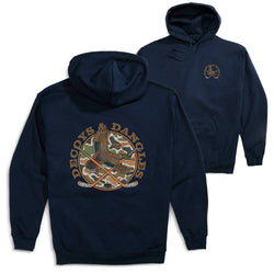 Two navy blue hoodies shown on a white background, with the front and back views overlapping. The back hoodie features a large circular 'DECOYS & DANGLES' graphic with a duck, crossed hockey sticks, and camouflage elements.