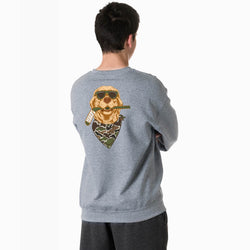 A man viewed from behind wearing a heather gray crewneck sweatshirt with a large graphic of a golden retriever wearing sunglasses and a camouflage bandana on the back.