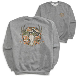 A heather gray crewneck sweatshirt shown from both the front and back. The back features a large graphic of a deer skull with antlers, a camouflage circle, and crossed hockey sticks.