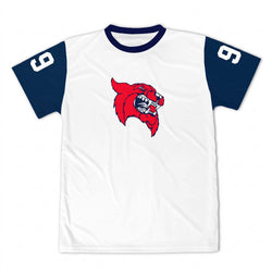 A white short-sleeve t-shirt with navy blue sleeves and collar, featuring a red wildcat mascot graphic on the chest and the number 9 on both sleeves.