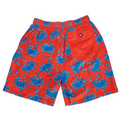 Red shorts with blue crab pattern on a white background