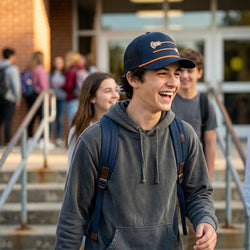 Young man in a gray hoodie and blue lacrosse cap with a backpack, smiling outdoors.